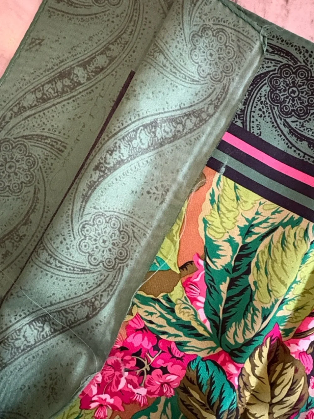 Vintage Oscar de la Renta Floral Green and Pink Silk Square Scarf